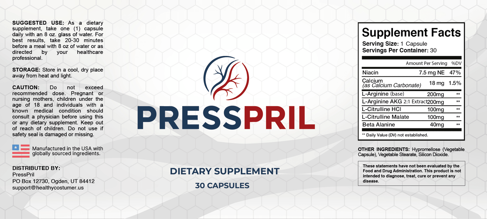 PressPril supplement facts label showing L-Arginine, L-Citrulline, Beta Alanine, Niacin doses per serving